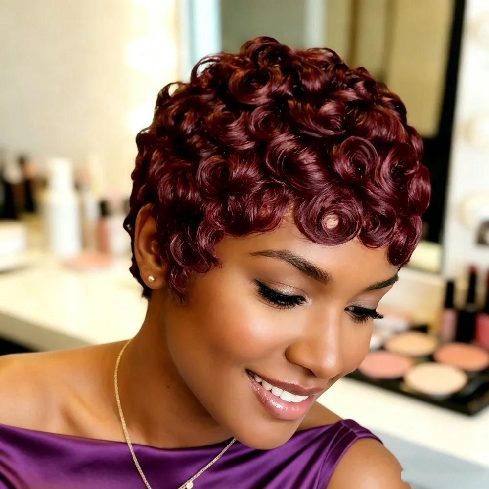Short curly wig styled on a model