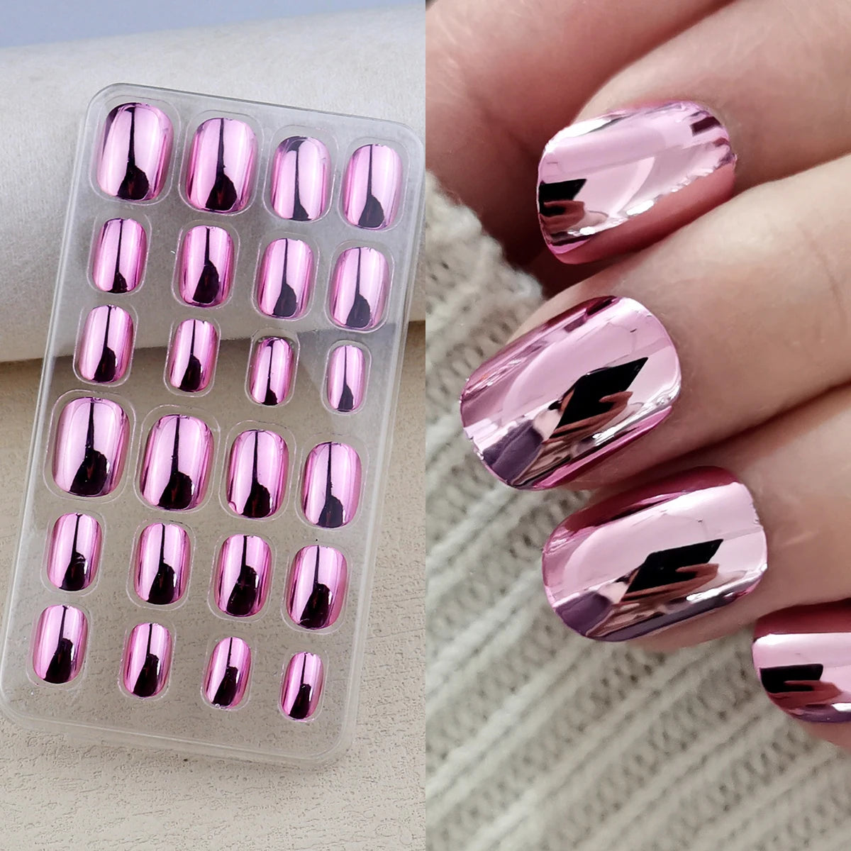 Chrome press-on nail shade shown in a set and on a hand