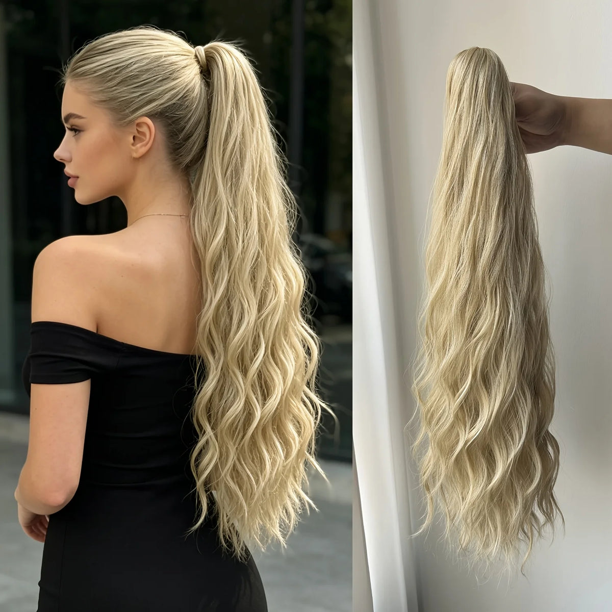 Long wavy ponytail extension with hairstyle and back views