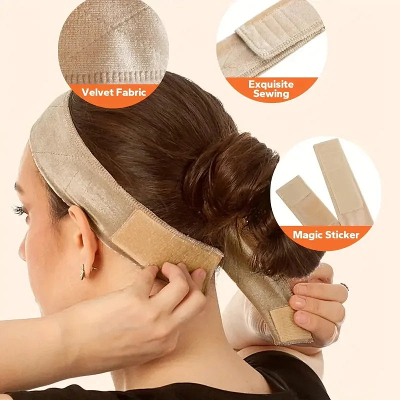 Wig grip headband shown worn on a model with fastening details