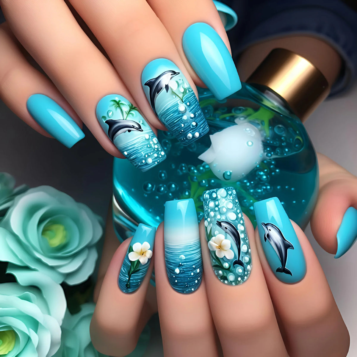 Colorful marine-themed nail artwork shown on hands
