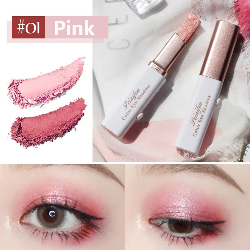 Dual-color eyeshadow stick with swatches and eye makeup example