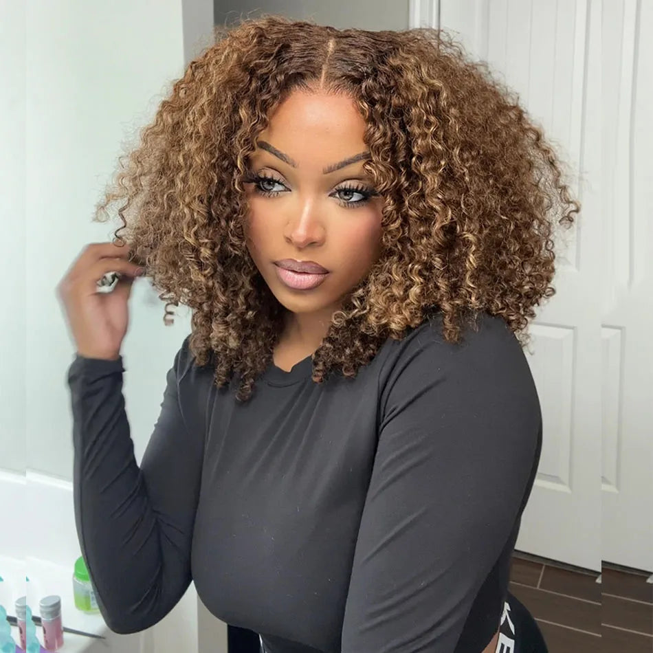 Shoulder-length curly wig shown on a model