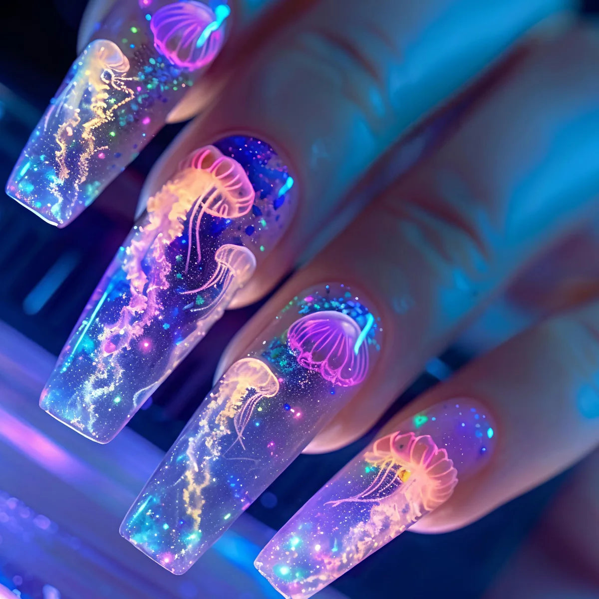 Bright jellyfish nail artwork shown on hands against a dark background