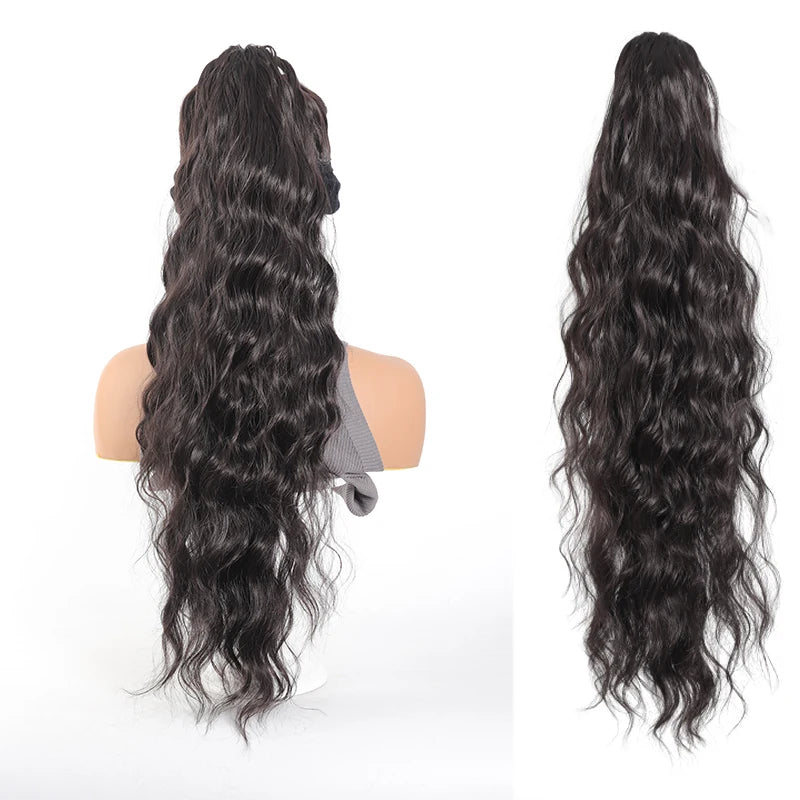 Long wavy ponytail extension shown on a mannequin and laid out