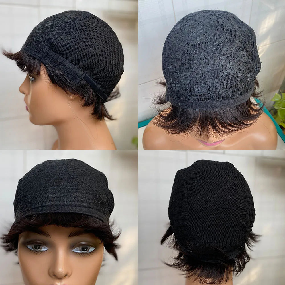 Inside and outside views of a short dark wig