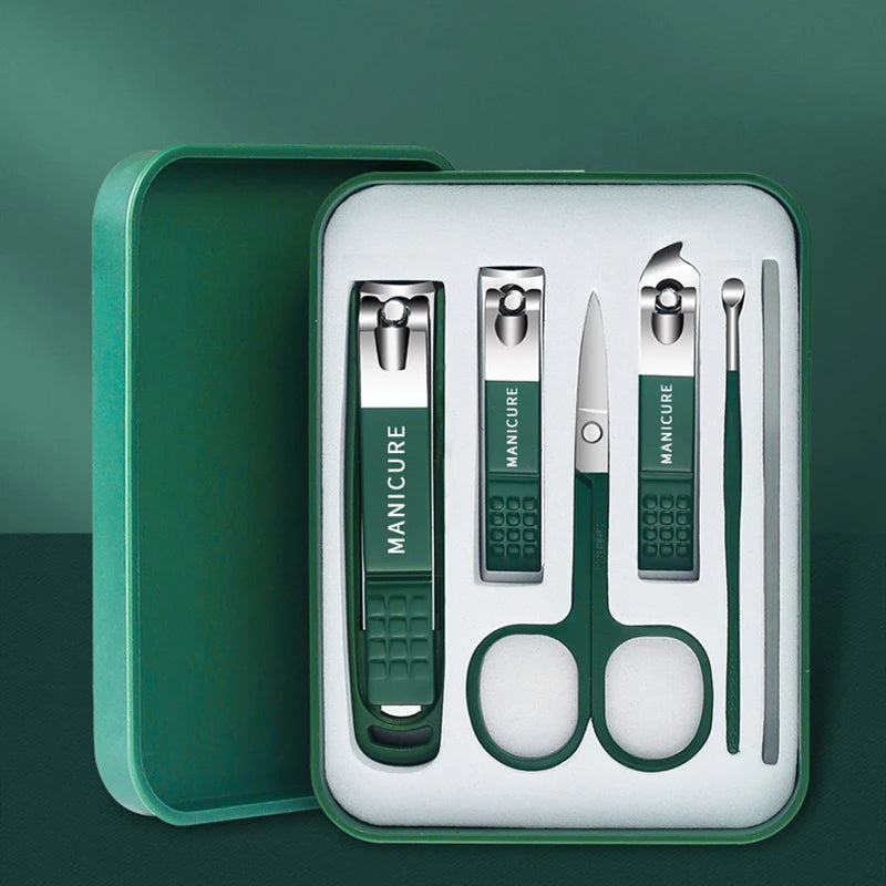Manicure tools in a green case with nail clipper detail views