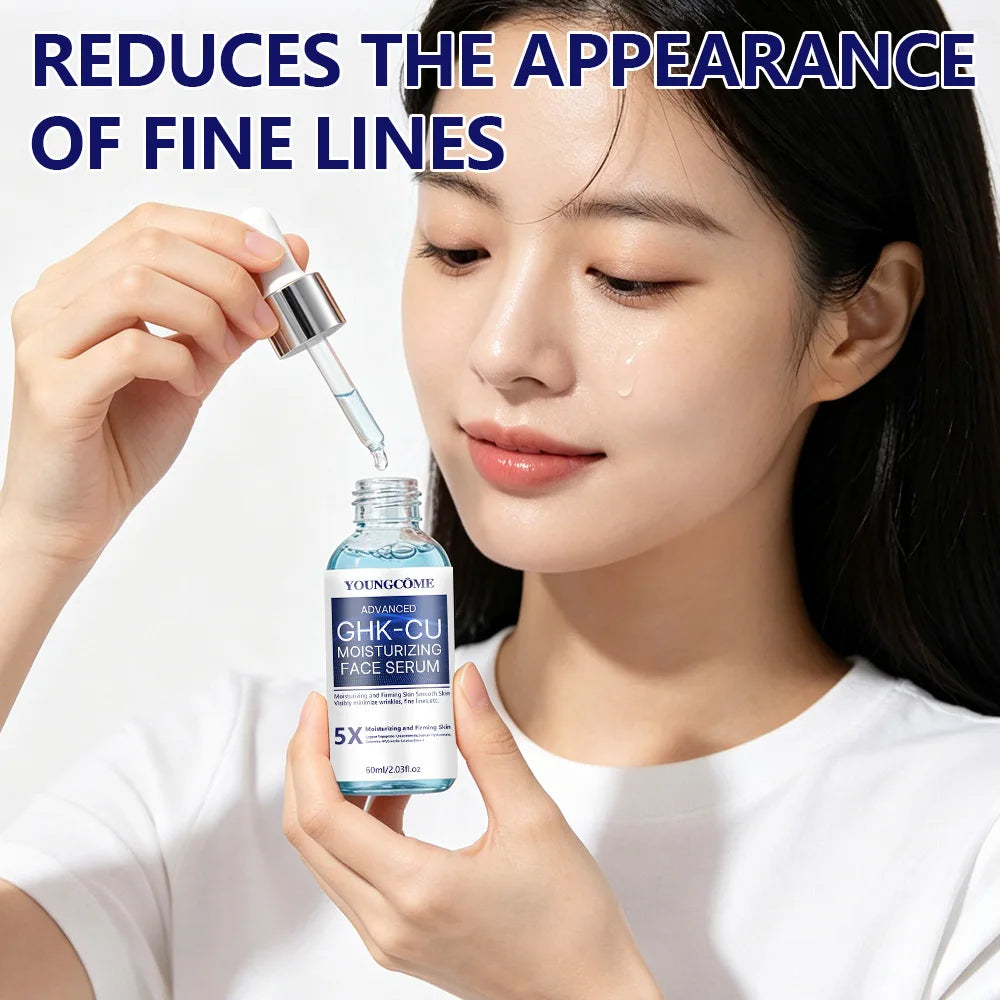 Copper peptide face serum and cream with ingredient and application graphics