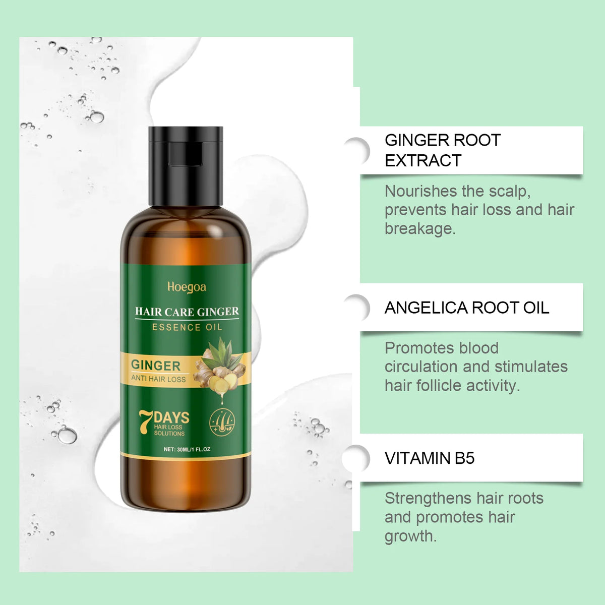 Ginger hair oil with hair care and ingredient graphics
