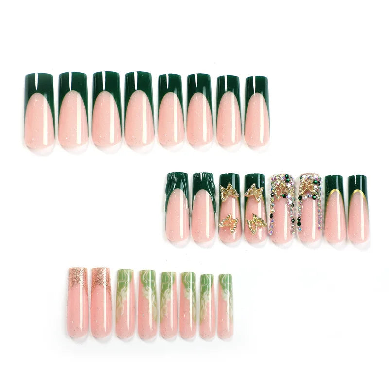 Green and gold press-on nails arranged with set contents