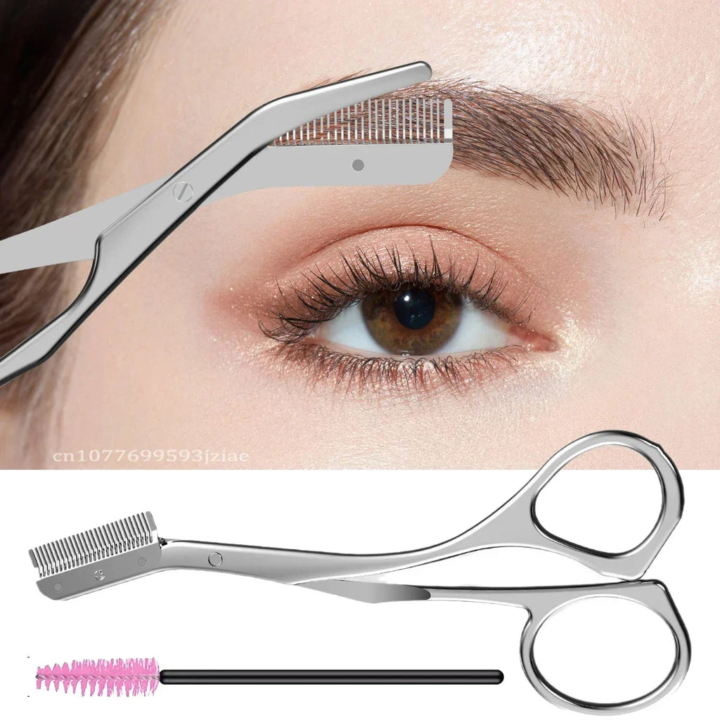 Eyebrow scissors with comb attachment and trimming examples
