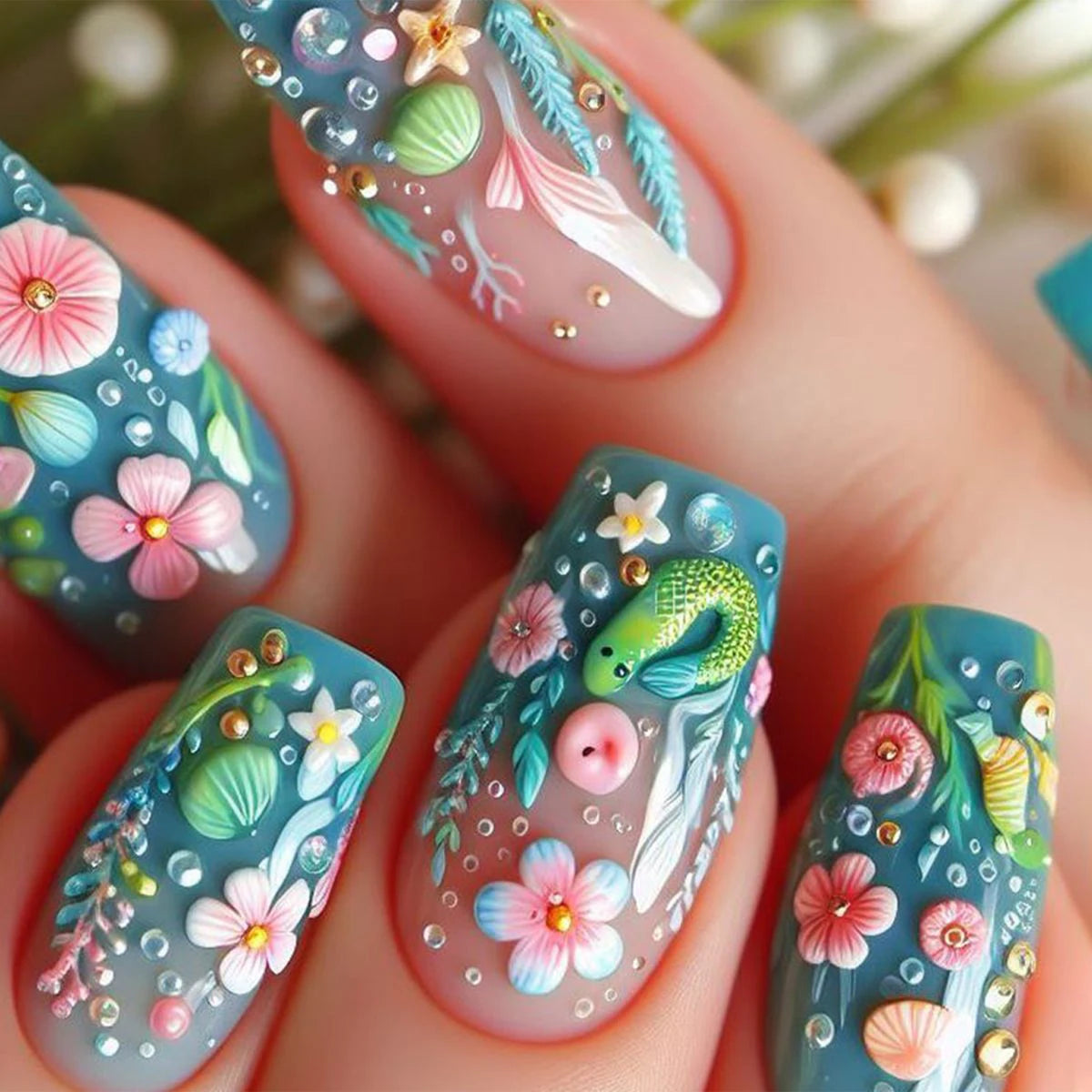 Decorative nail designs shown on hands