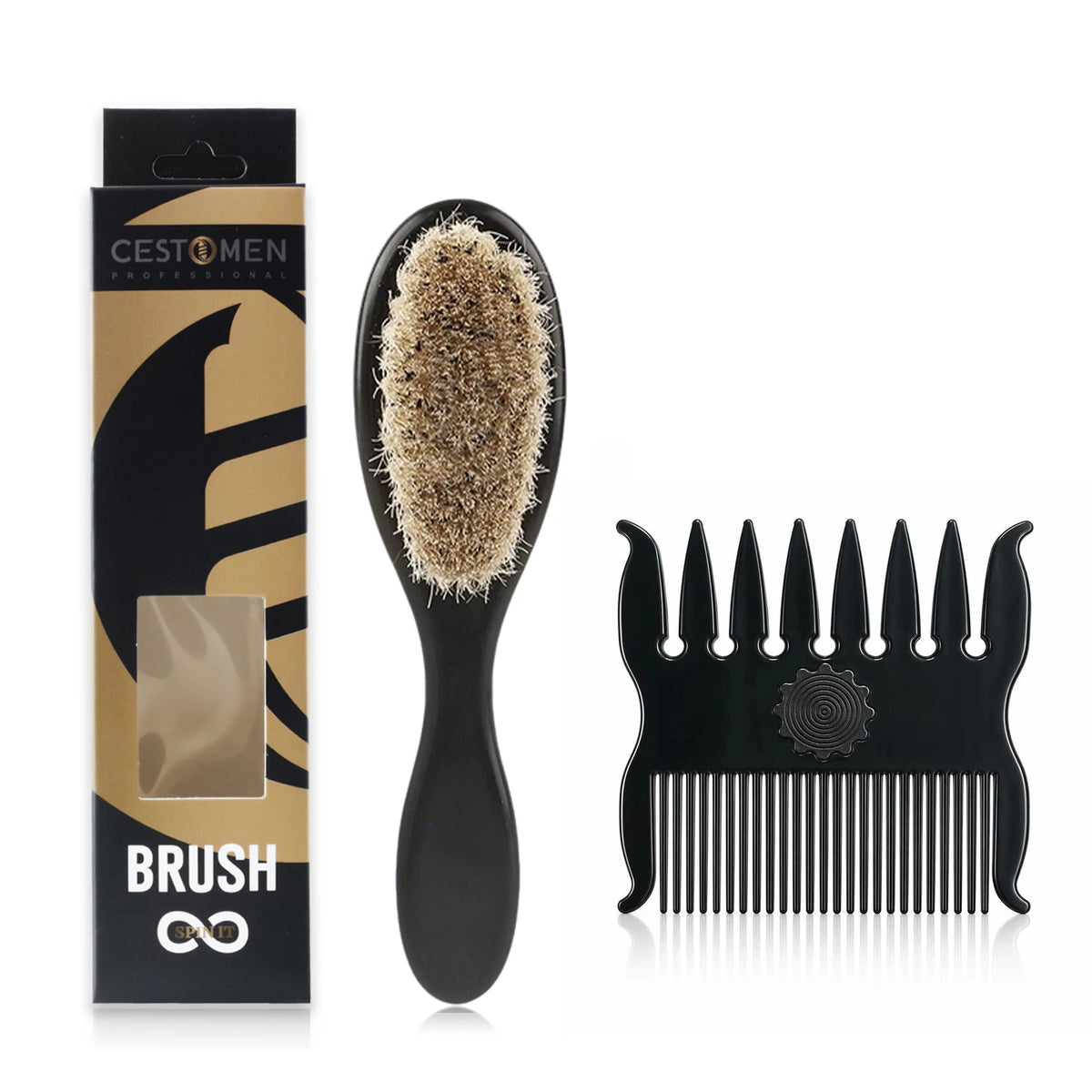 Hair brush and comb beside their packaging