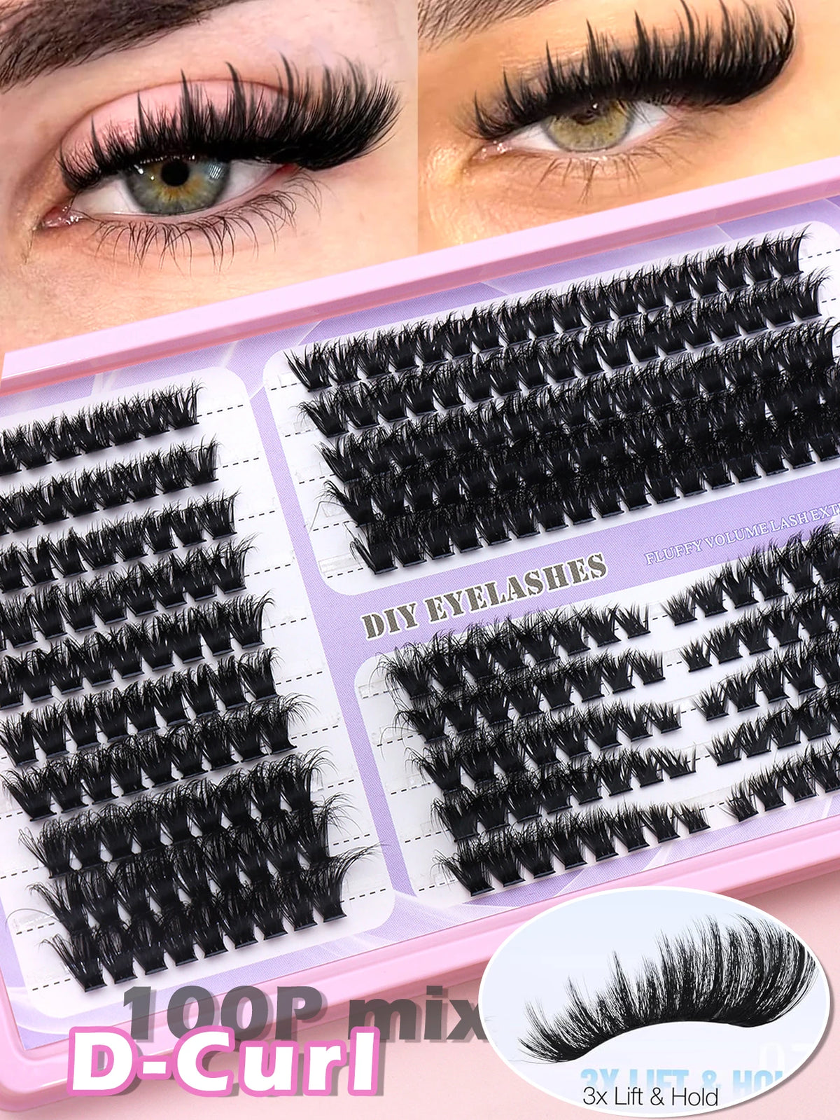 False eyelash clusters arranged in rows in a tray