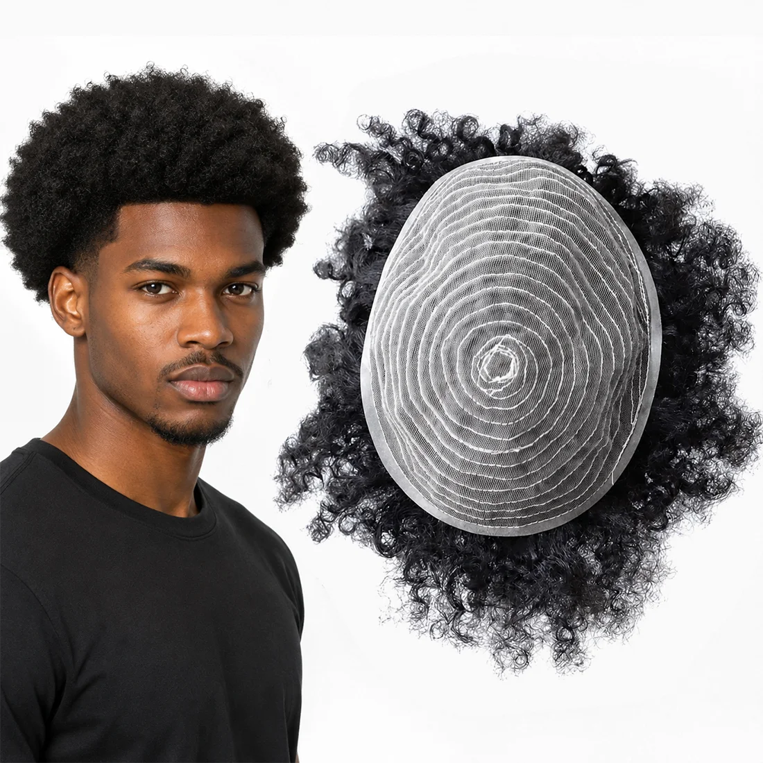Curly hair toupee with base, size and hair texture details