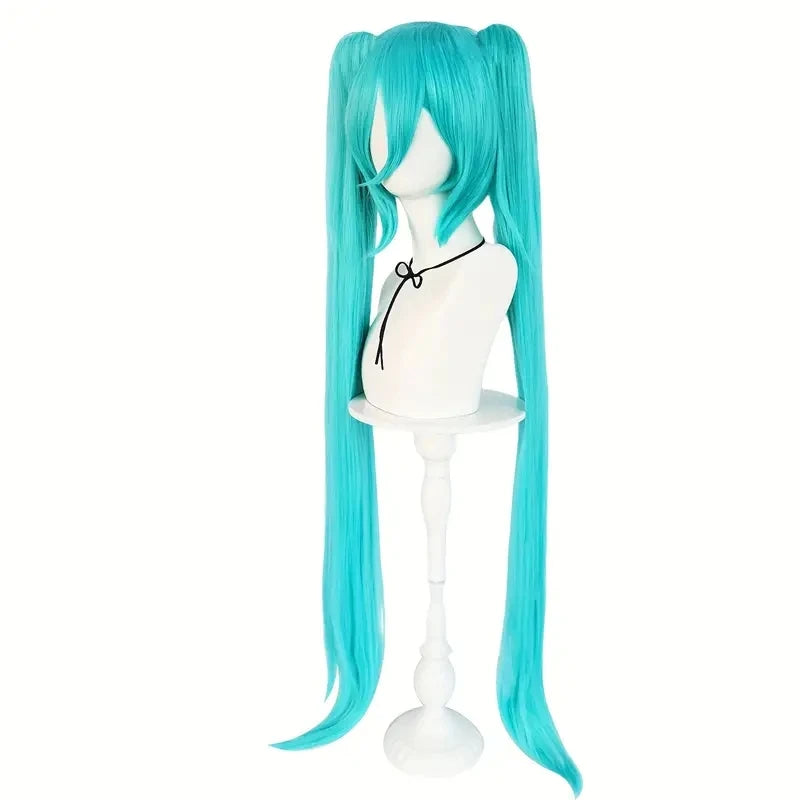Green Blue Cosplay Wig Long Straight With Bangs Double Ponytail