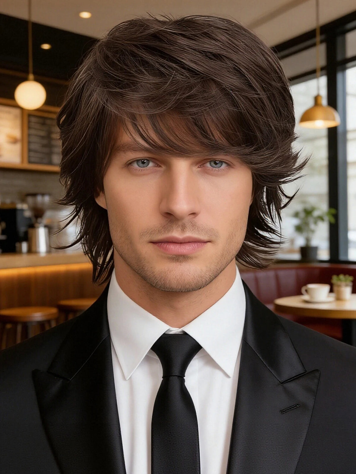Layered brown wig shown from front and back