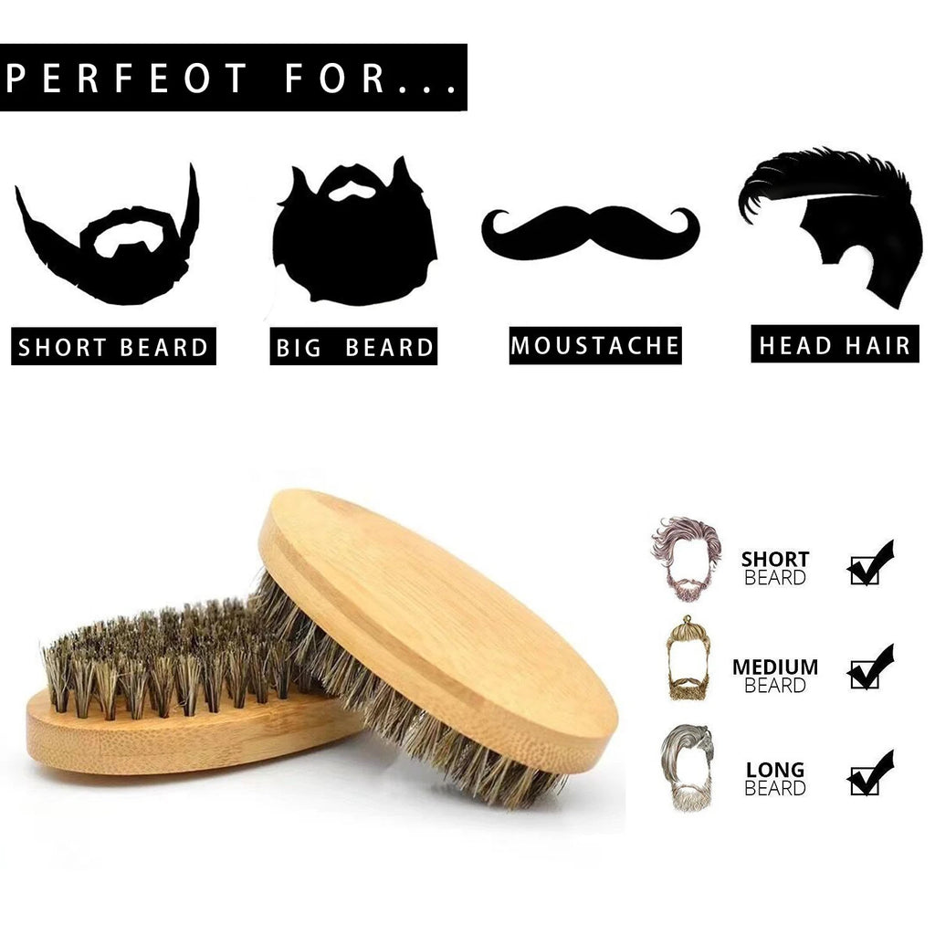 Wooden beard brush with bristle and grooming examples