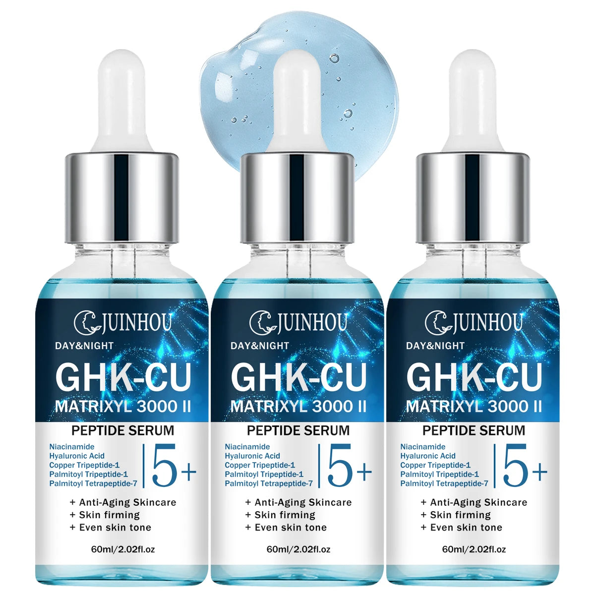 Copper peptide facial serum bottles with packaging or dimensions