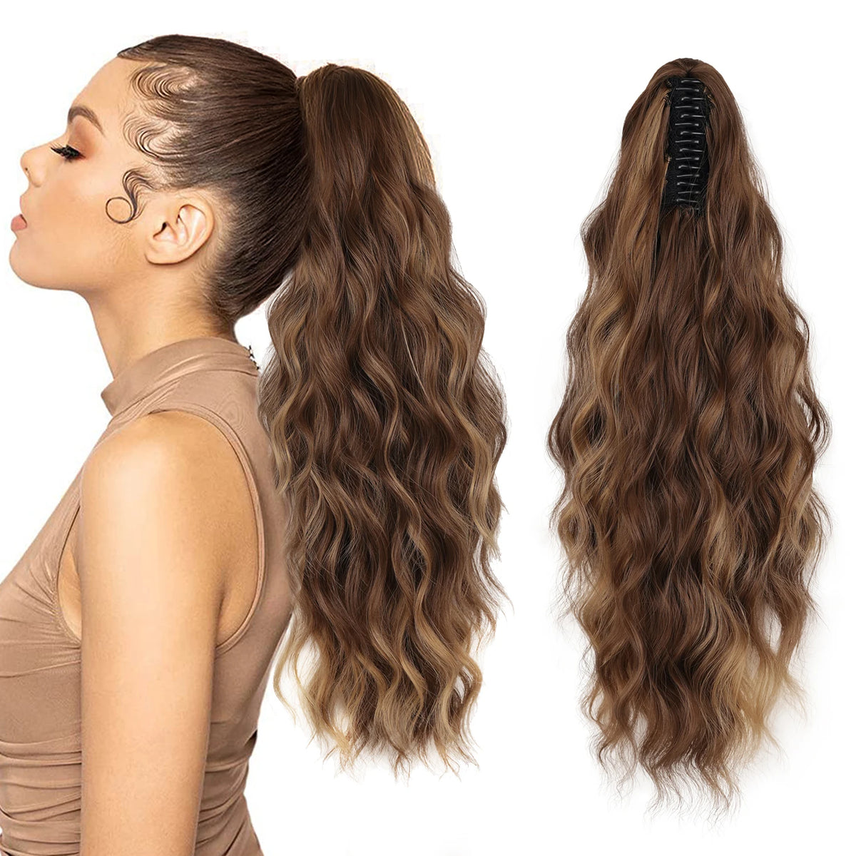 Wavy ponytail extension color shown with styling example