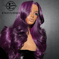 Long purple wavy wig styled on a model