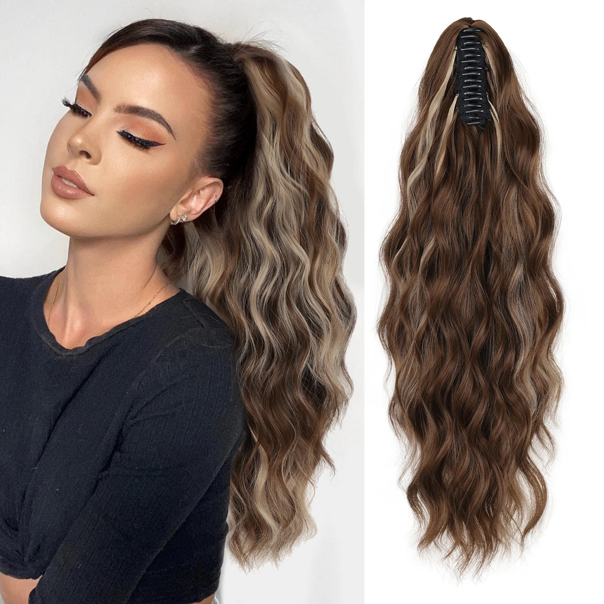 Wavy ponytail extension shown beside a styled ponytail