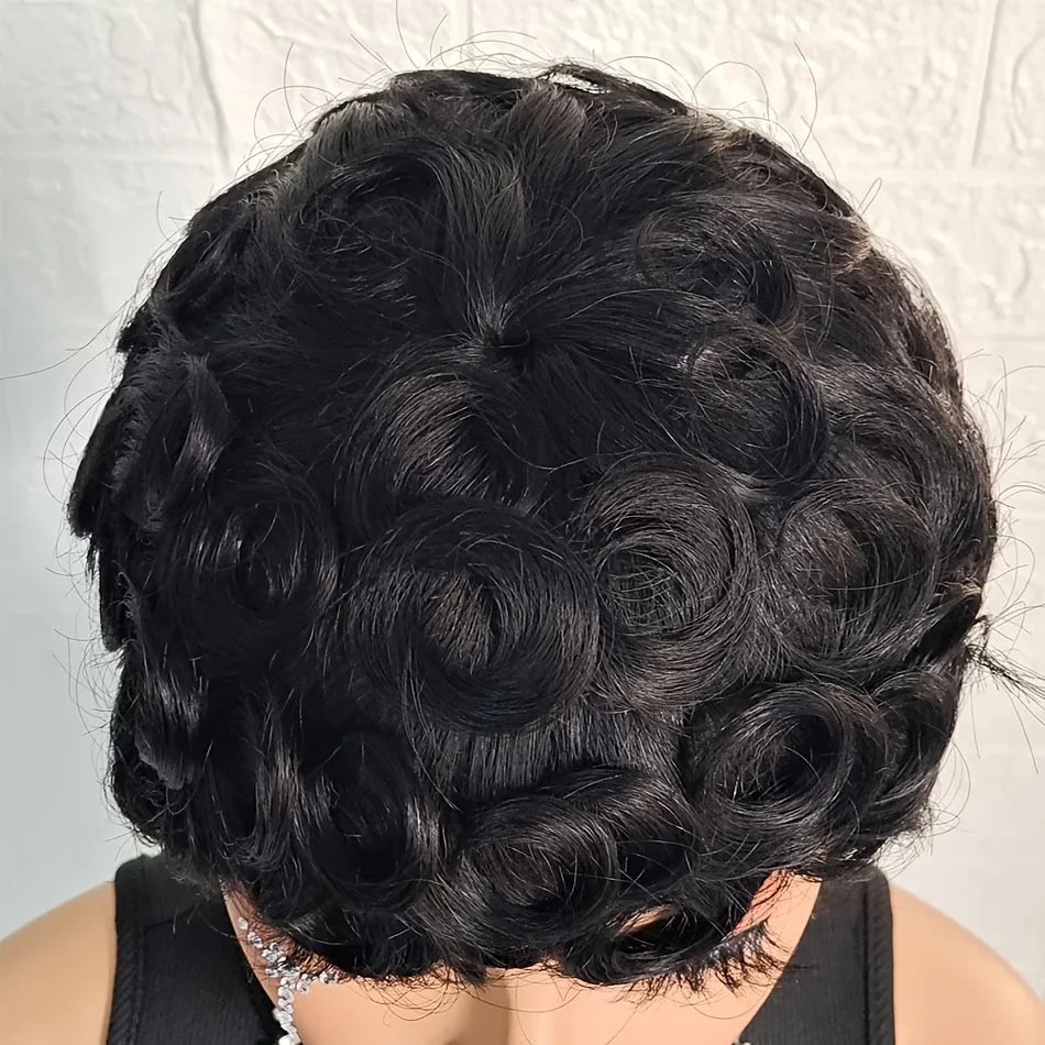 Short curly wig shown from different angles