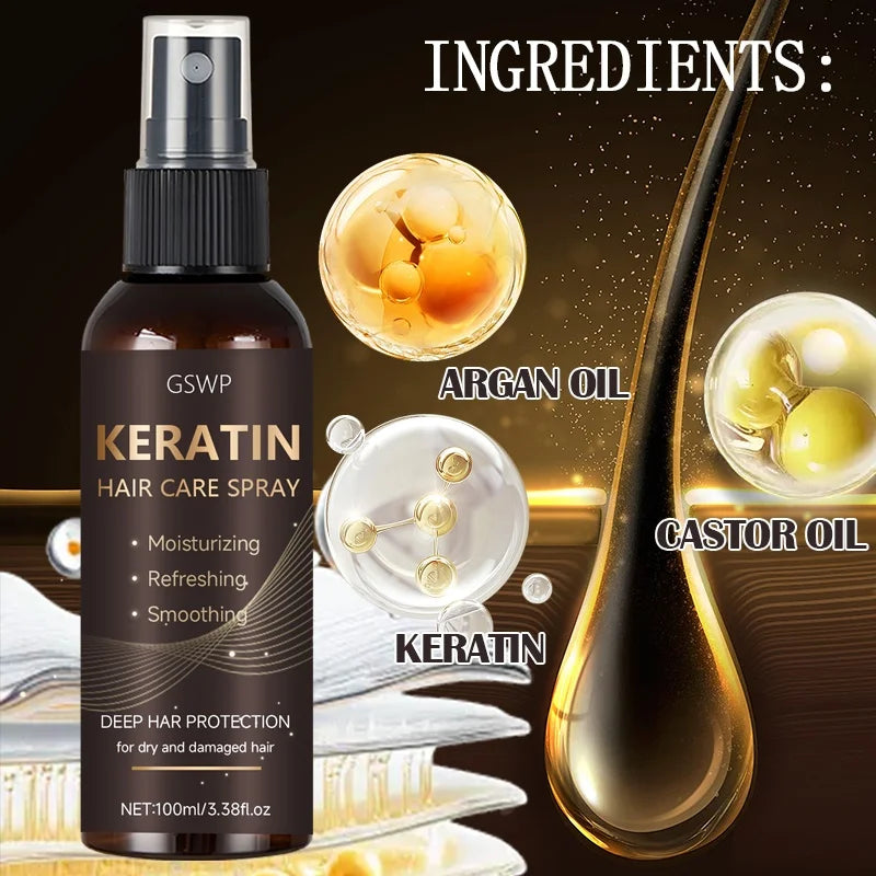 Keratin hair spray with hair care and application illustrations