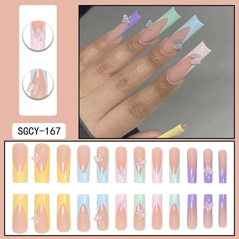 Press-on nail set with manicure example and design samples