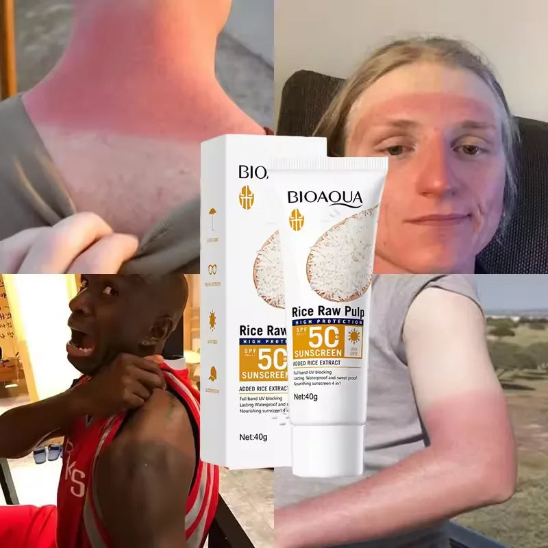 Sunscreen tube with skin application and promotional comparison images