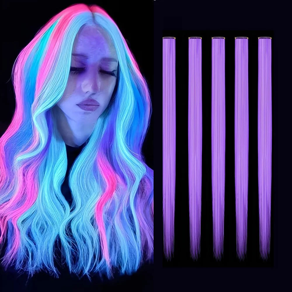 Bright clip-in hair extension strands with illuminated styling examples