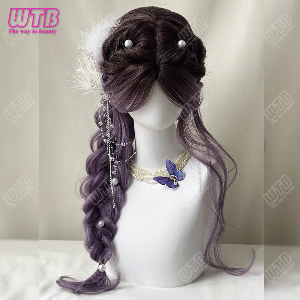 Braided purple cosplay wig on a mannequin