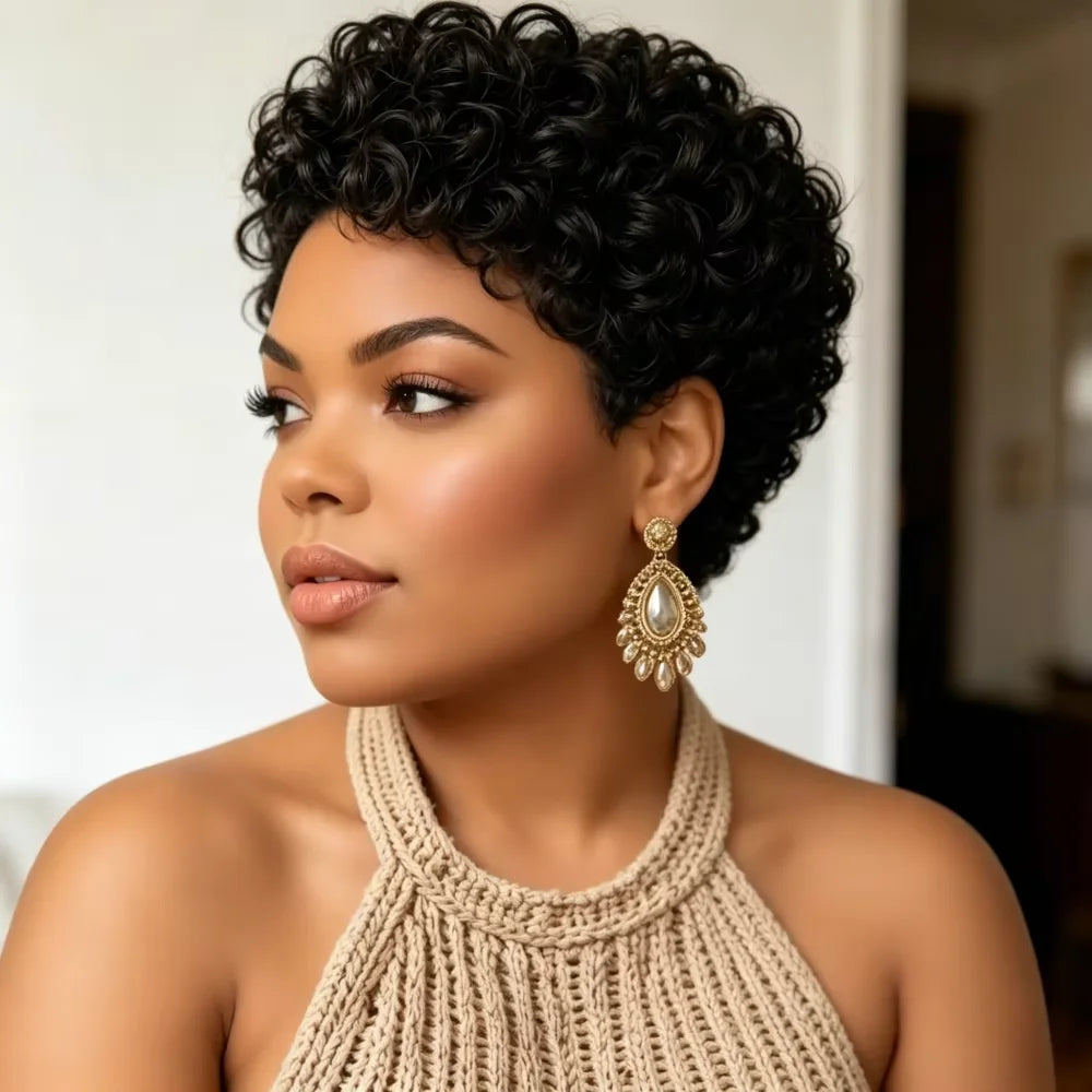 Short curly wig styled on a model