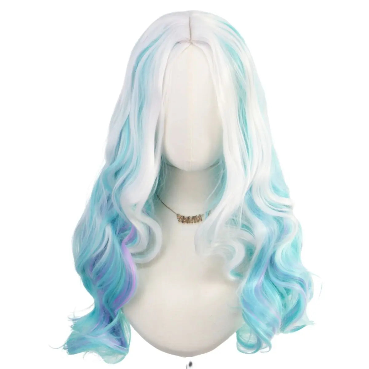 Long colorful wavy wig shown on a mannequin