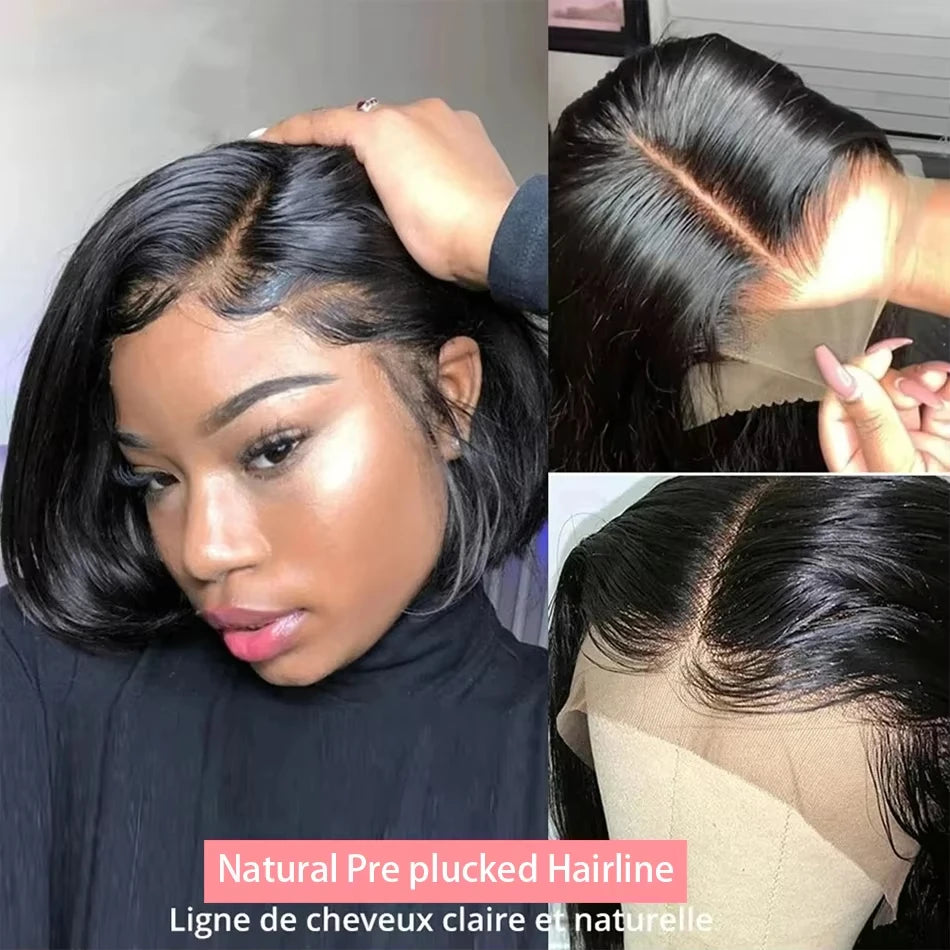 Straight dark bob wig with styling and hairline details