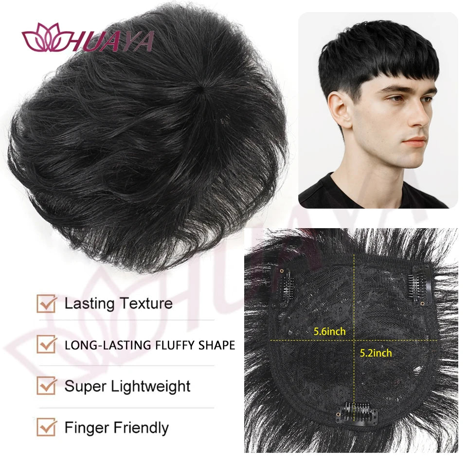 Short dark hair topper with styling and application examples