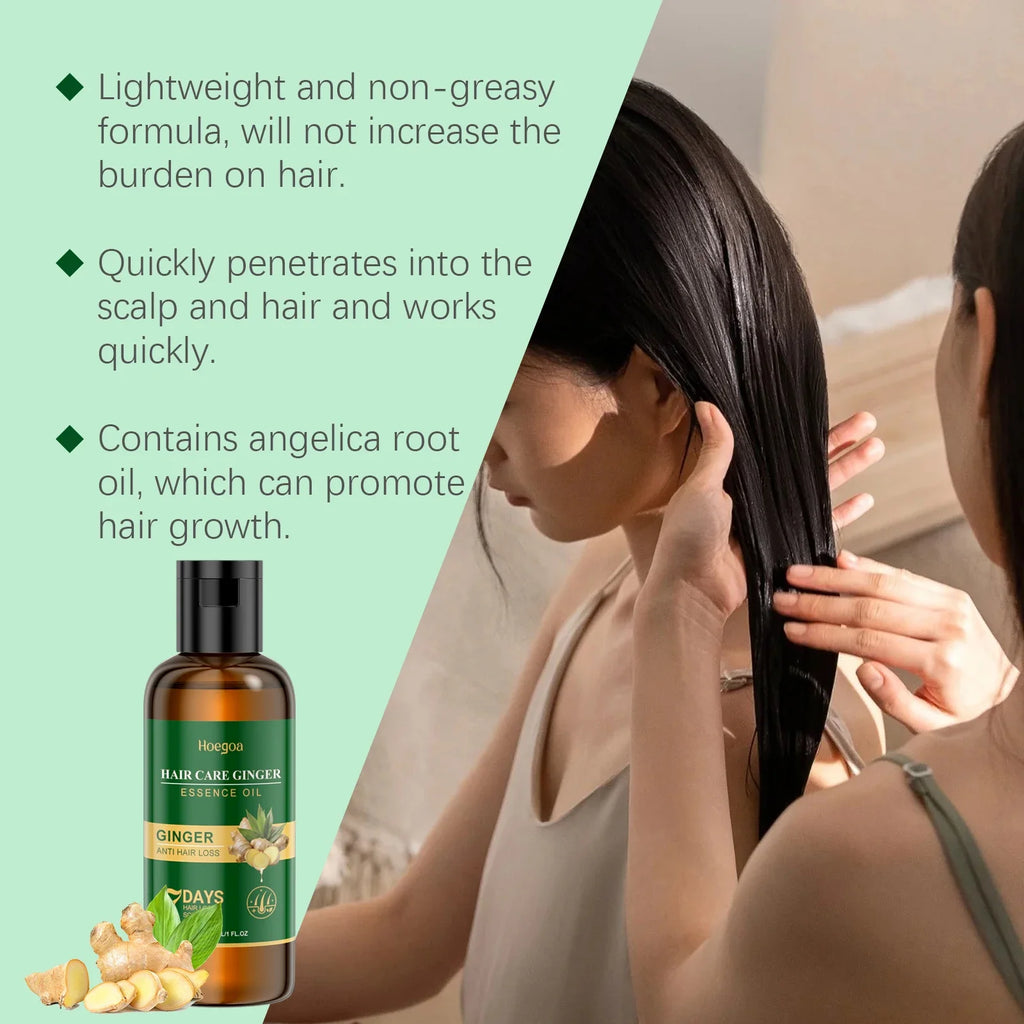 Ginger hair oil with hair care and ingredient graphics