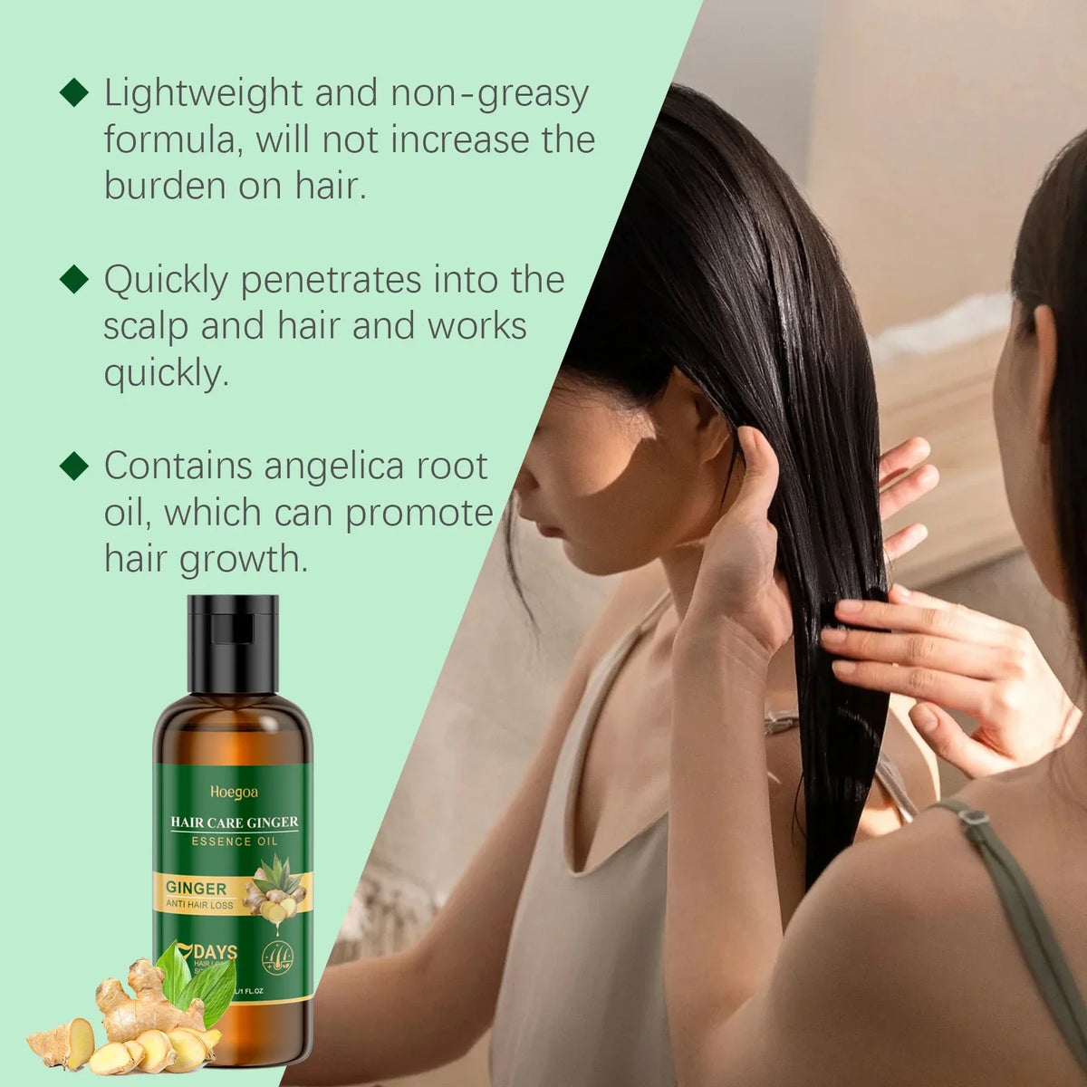 Ginger hair oil with hair care and ingredient graphics