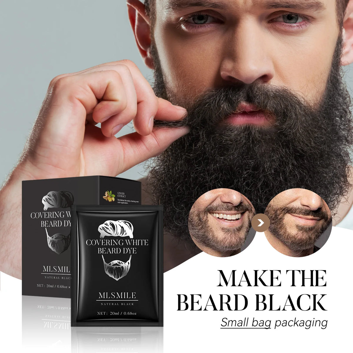 Beard dye cream with packaging and beard color examples