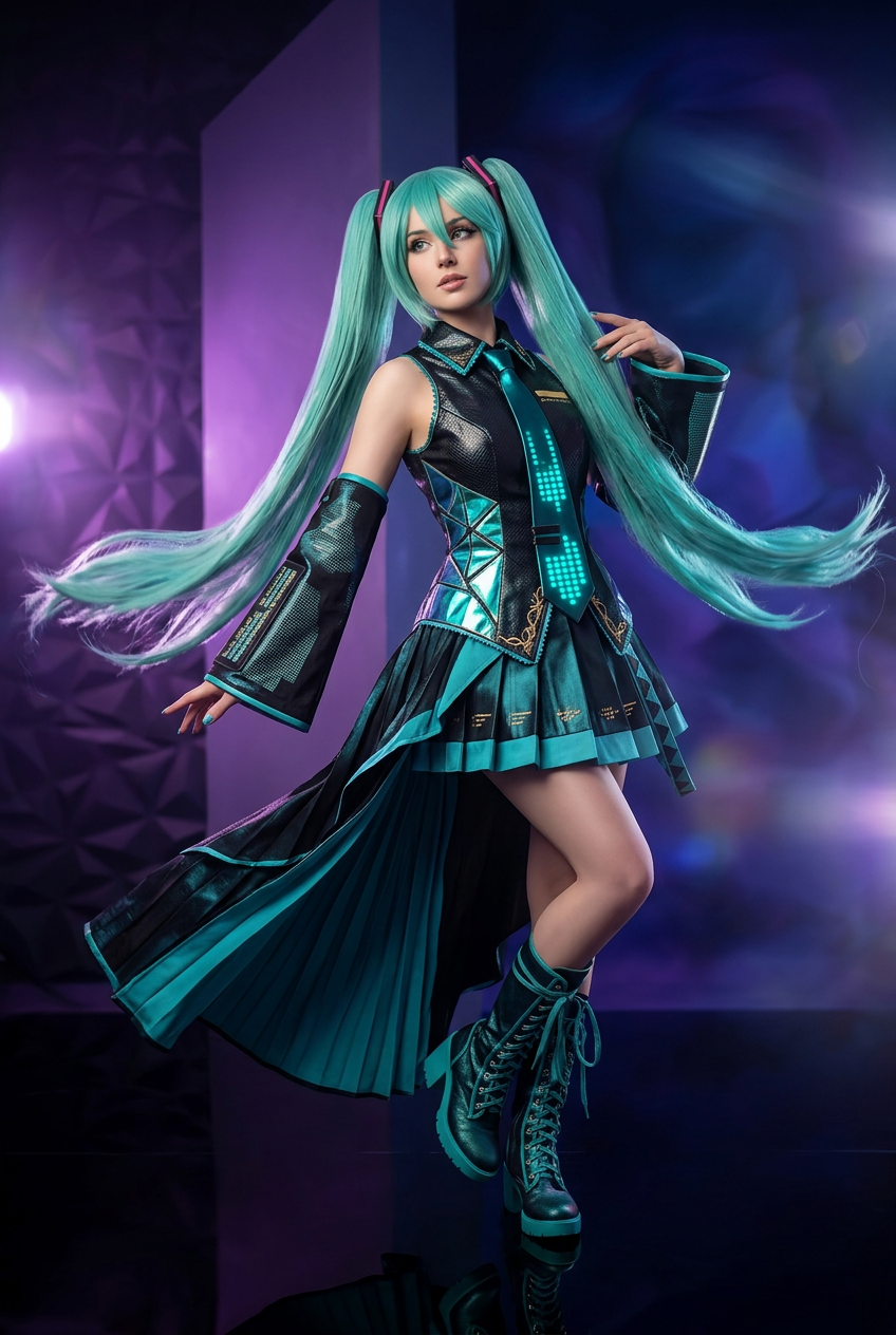 Green Blue Cosplay Wig Long Straight With Bangs Double Ponytail