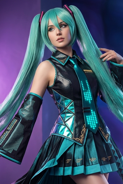 Green Blue Cosplay Wig Long Straight With Bangs Double Ponytail