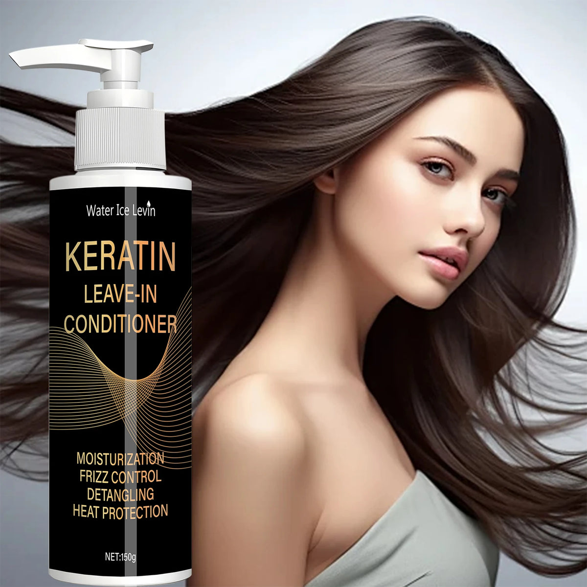 Keratin conditioner with hairstyle and ingredient graphics