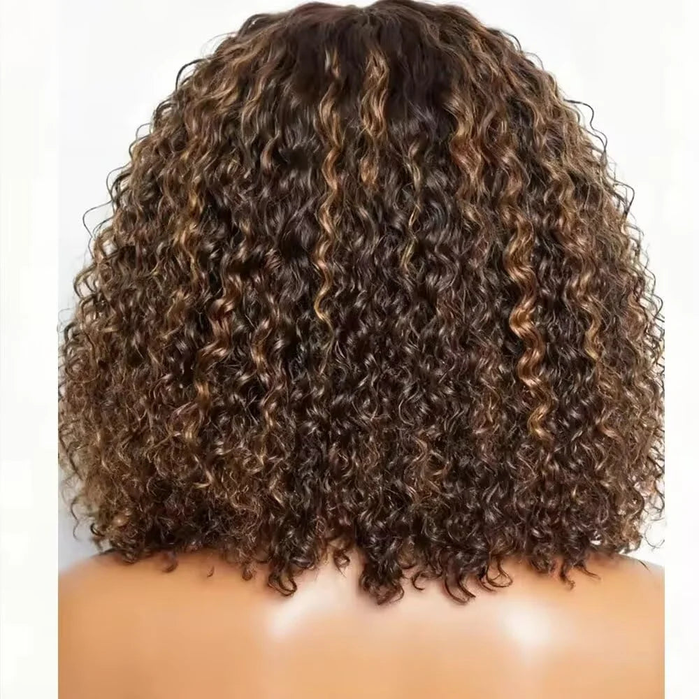 Short highlighted curly bob wig showing its hairstyle and curl texture