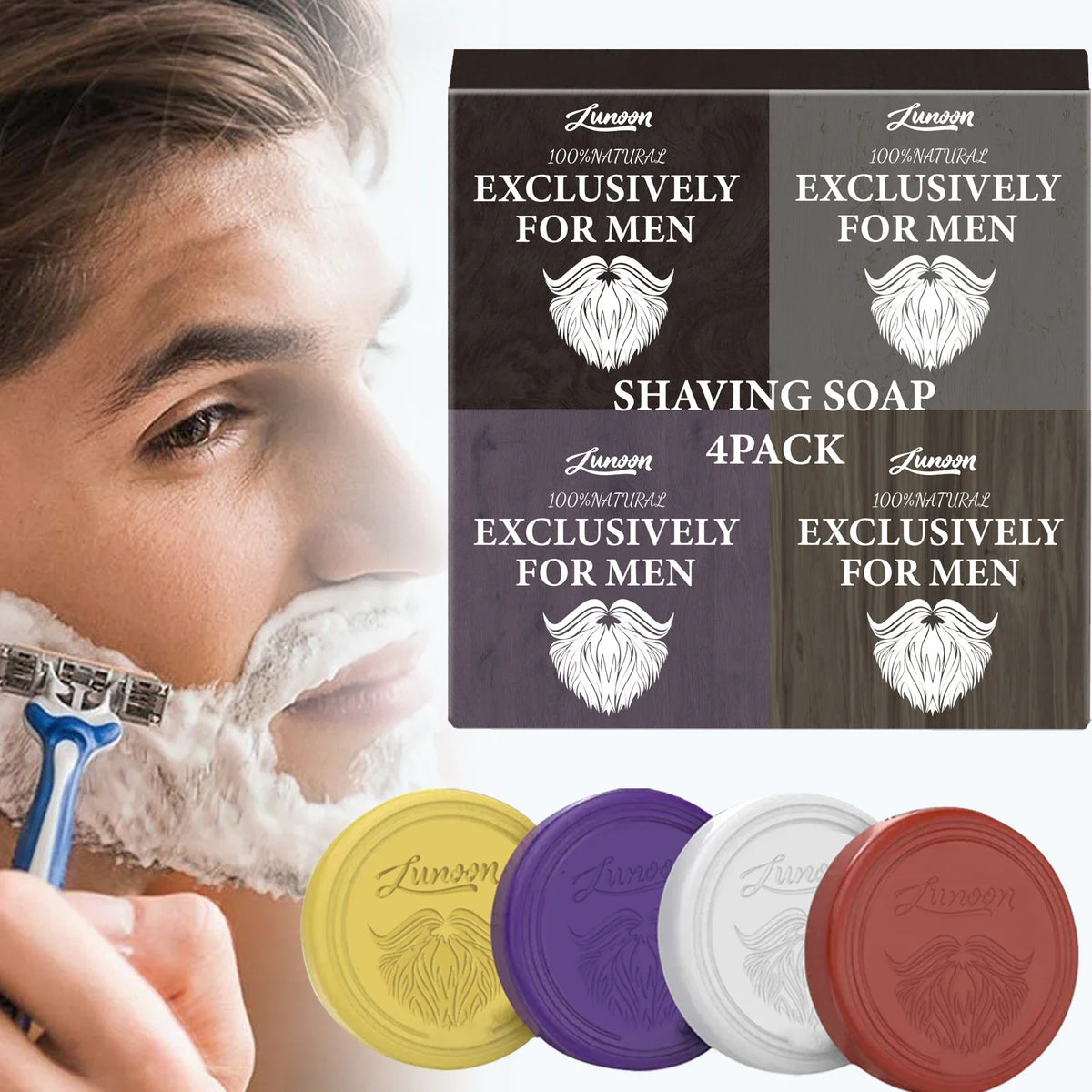 Shaving soap color options with product and application examples