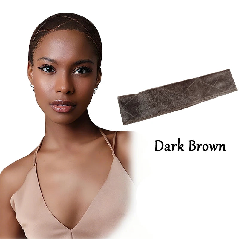Wig grip headband color shown beside a model wearing it