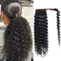Curly ponytail extension shown with a styling example