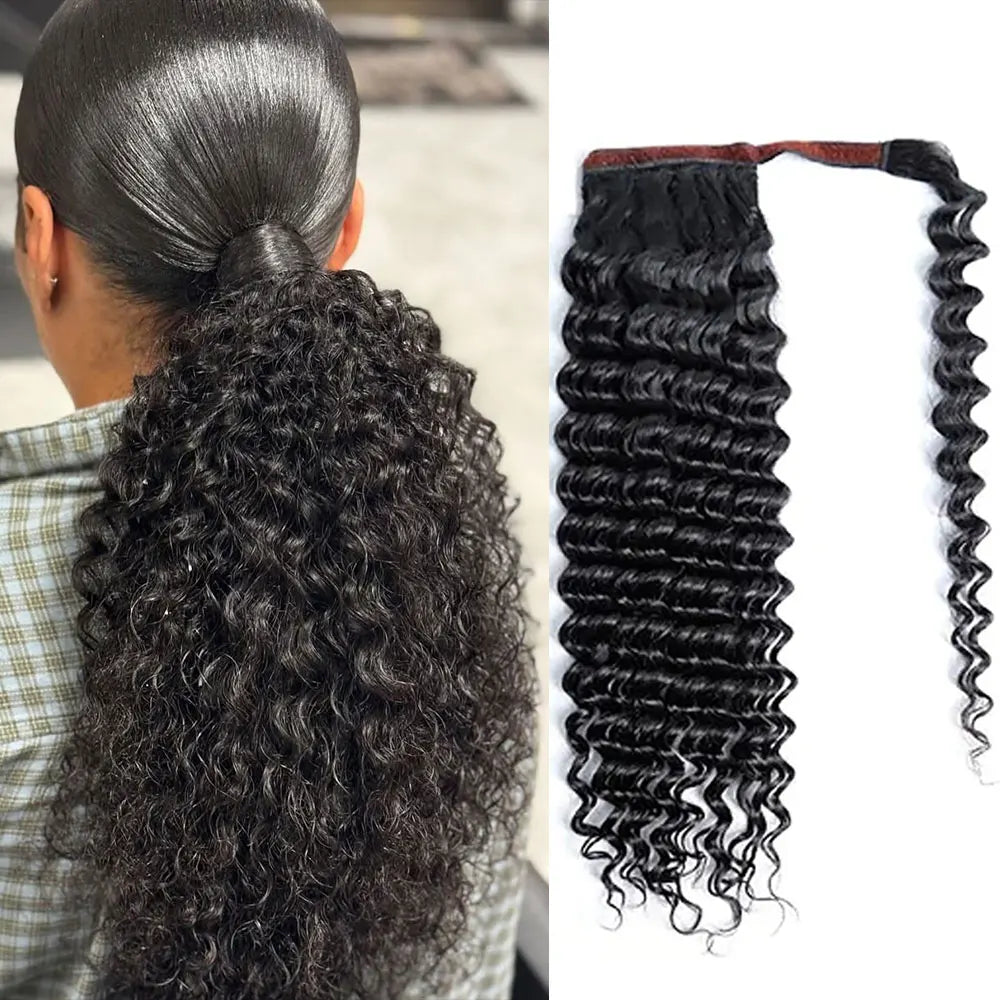 Curly ponytail extension shown with a styling example