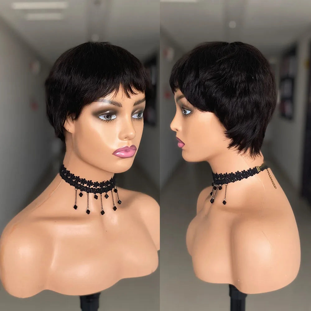 Short dark pixie wig shown from different angles
