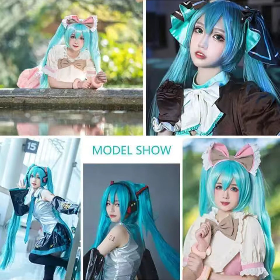 Green Blue Cosplay Wig Long Straight With Bangs Double Ponytail