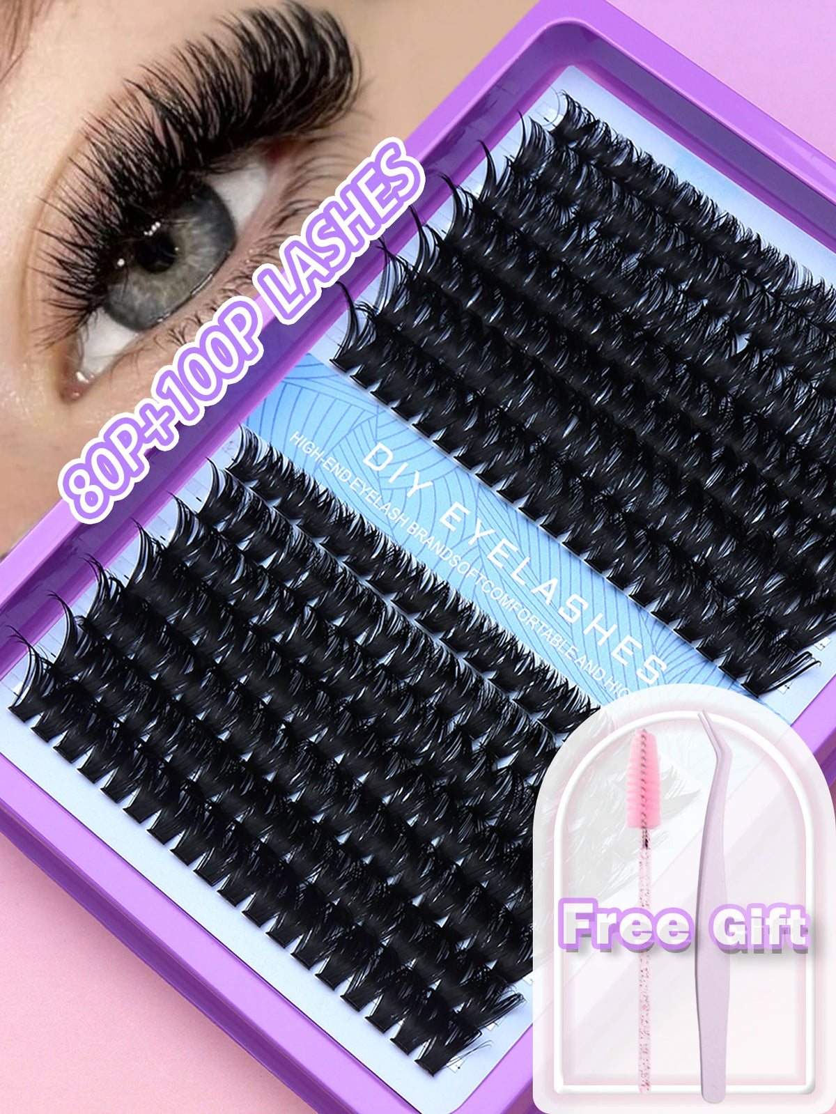 False eyelash clusters arranged in rows in a tray